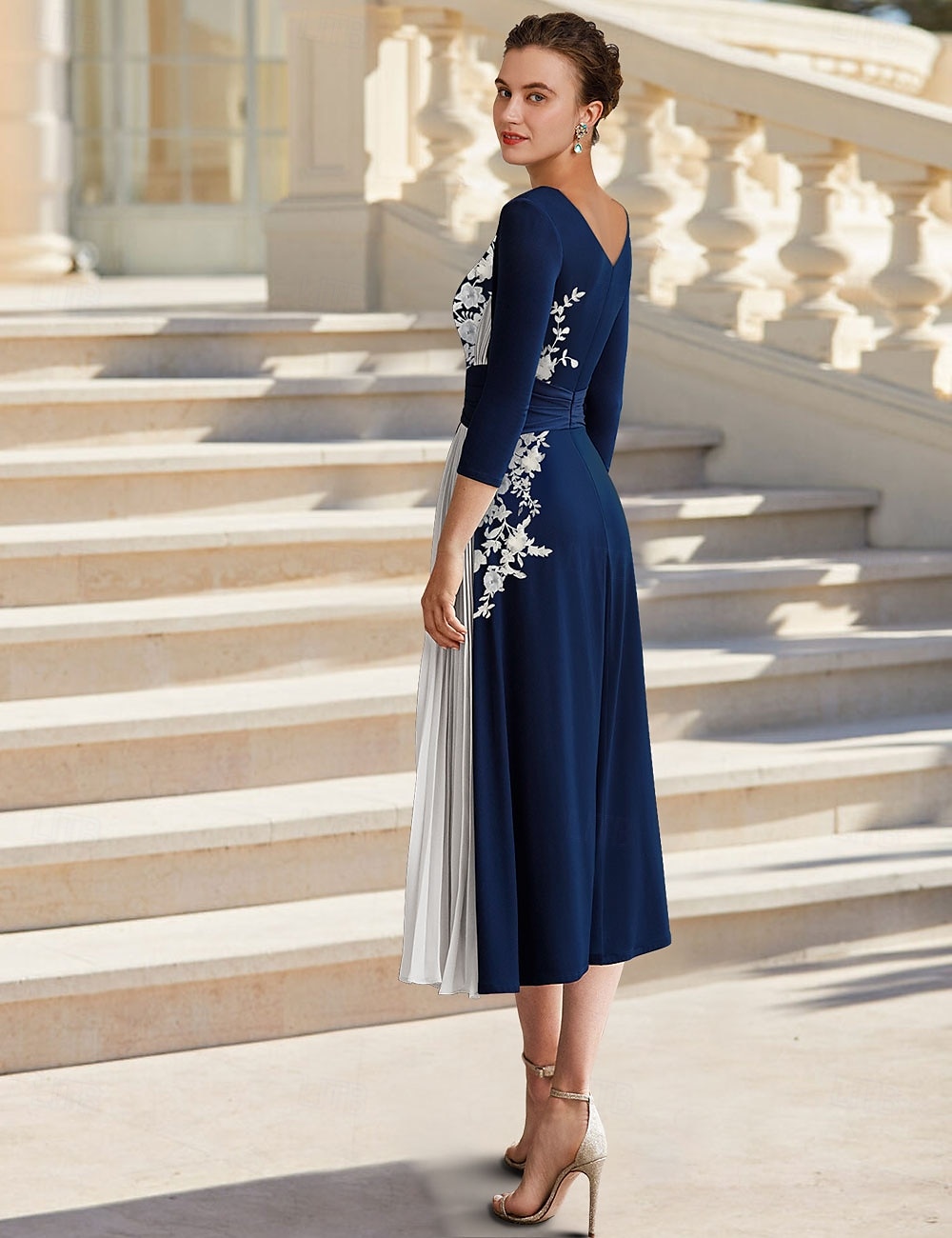 A-Linie Mutter der Braut Kleid Elegant Einfach Juwel-Ausschnitt Tee-Länge Stretch-Chiffon Stretchstoff 3/4-Länge Ärmel mit Perlen-Applikationen Blume 2025 kostenlose Maßanfertigung 2025 - $180.99 –P2