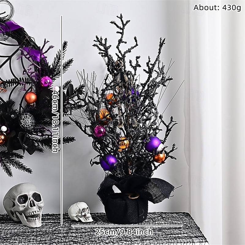 halloween koszorú műkoponyával és karácsonyi díszekkel - kísérteties lila virágos szőlőajtó függő kísértetjárta házhoz és félelmetes parti dekorációhoz 2025 - $76.99 –P1