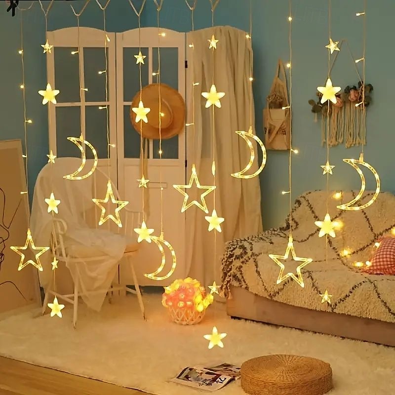 Rideau lumineux en forme d'étoile et de lune avec télécommande, 3,5 m, 138 LED, 8 modes, pour mariage, fête de Noël, extérieur, étanche, pour tente, chambre à coucher, salon, balcon, fenêtre, de 2025 ? $55.99 –P5