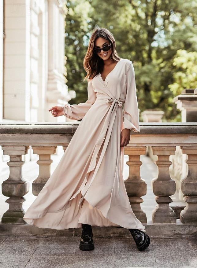 Dames Zwarte jurk Maxi-jurk Veters Gespleten dij Casual V-hals Lange mouw Zwart Wit Blozend Roze Kleur 2025 - $41.99 –P8