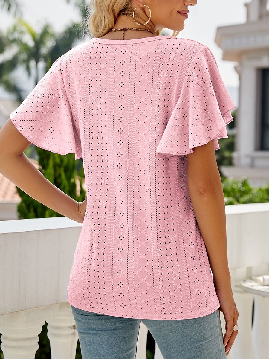 Tops en dentelle élégants pour femmes Blouse en œillets blanche stylée décontractée unie à manches courtes à col crew régulières quotidienne romantiques tailles petites à porter pendant les vacances de 2025 ? $25.99 –P6