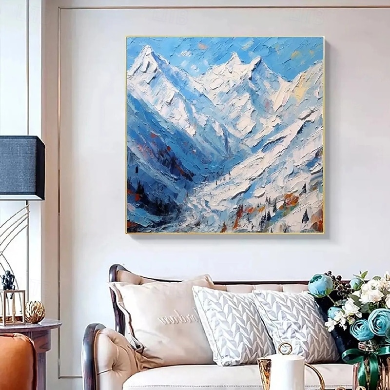 3D-Ölgemälde mit Bergen, handgemalt, dicke Textur, Ölgemälde mit Blütenblättern, beige-blaues Skyline-Schneegemälde auf Leinwand, handgemaltes abstraktes strukturiertes Ölgemälde für Wandkunst, 2025 - $125.99 –P1