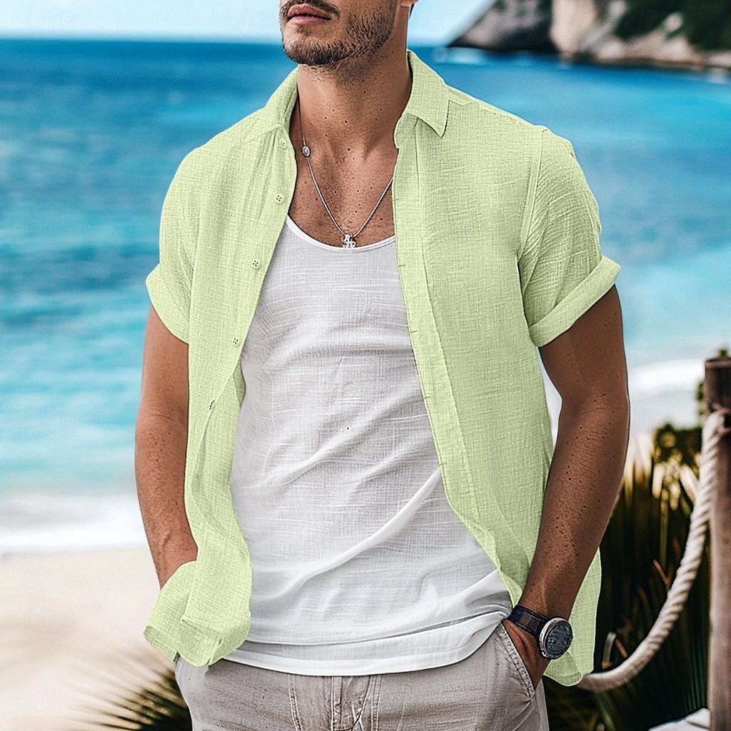 Men's Shirt Linen Shirt Summer Shirt Casual Shirt Beach Shirt Button Down Shirt Plain Vacation Curise Black White Light Green Pink Short Sleeve Lapel Summer Clothing Apparel 2025 - $21.99 –P7