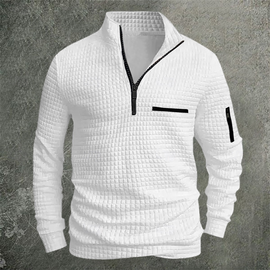 2025年 男性用 ワッフルポロシャツ Pullover スポーツ デイリーウェア クォータージップ 長袖 ファッション 快適 カラーブロック ポケット ジッパーを閉める 春 & 秋 レギュラー ブラック ホワイト ブルー オレンジ ワッフルポロシャツ コレクション – $22.99 –P4