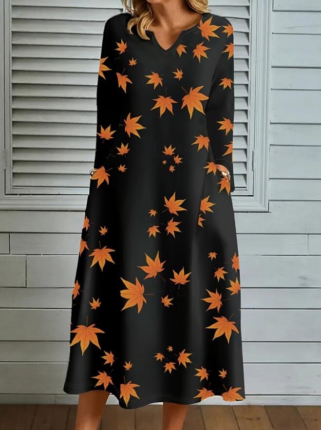 abito lungo da donna con stampa a foglie e scollo a V, manica lunga, primavera autunno del 2025 a $41.99 –P4