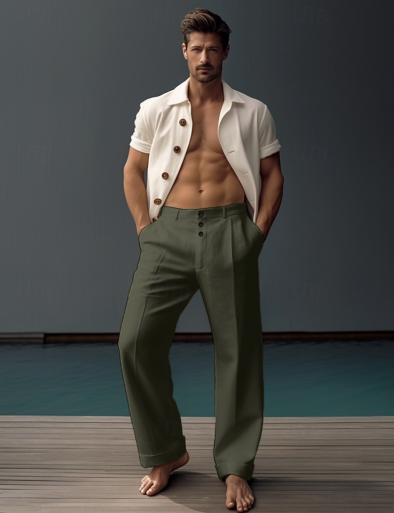 40% Linen Men's Linen Pants Trousers Summer Pants Pocket Buttons Straight Leg Plain Comfortable Breathable Vacation Office / Career Daily Classic Casual Black White 2026 - $35.99 –P6