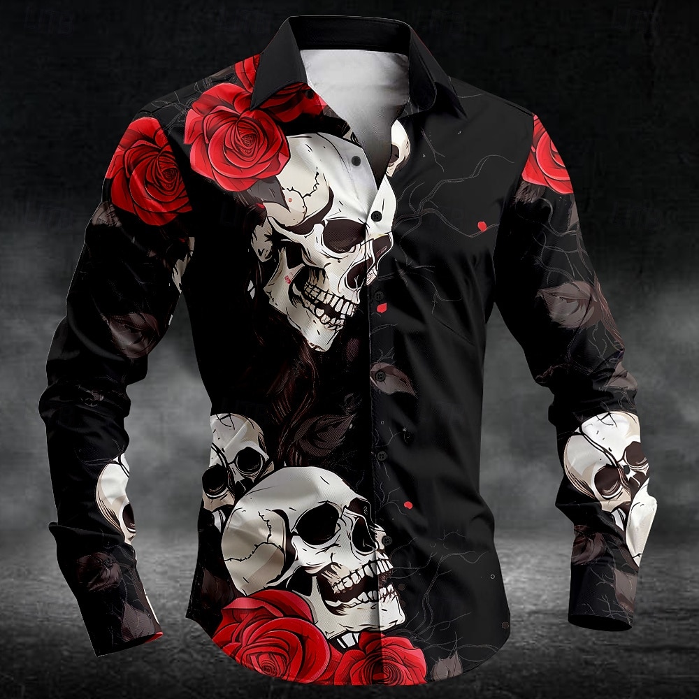 Men's Rose Skull Button Up Shirt Long Sleeve Casual Dark Party Evening Wear Daily Fall Winter Spring & Summer Shirt Collar Button Up 3D Print Black White Blue Purple Green 2025 - $26.99 –P4