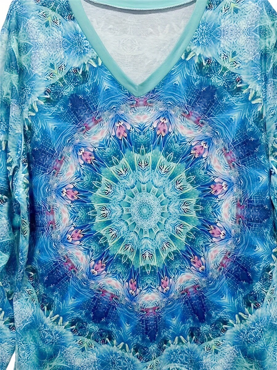 maglietta da donna casual stampa manica lunga top regolari scollo a V quotidiano blu primavera& autunno del 2025 a $22.99 –P6
