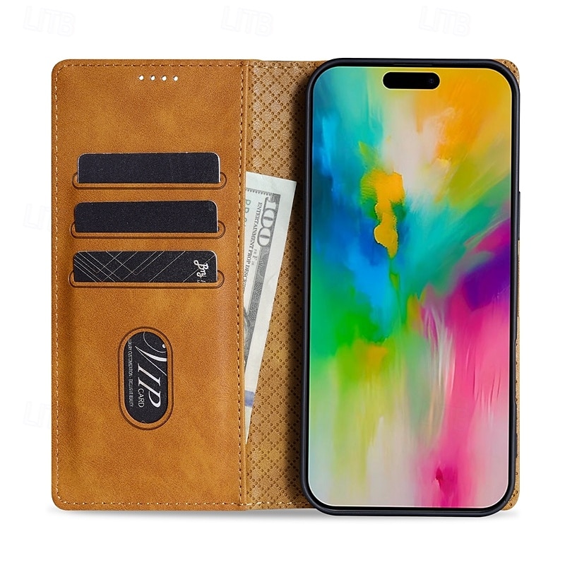 2025年 電話 ケース 用途 iPhone 16 Pro Max プラス iPhone 15 14 Pro Max Plus iPhone 13 12 11 Pro Max Mini ウォレットカードケース スタンド付き 磁石バックル カード挿入口 レトロ風 TPU PUレザー  コレクション – €14.12 –P14