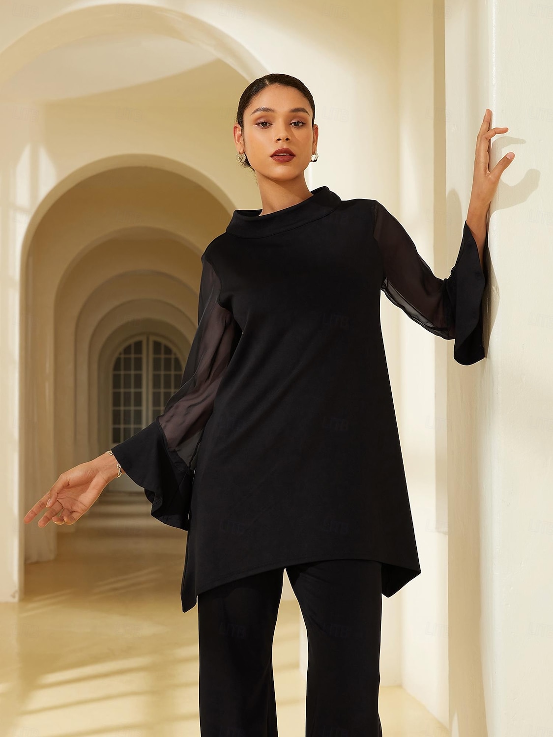 Damenbluse für Hochzeitsgäste, Partys, schwarz, hoher Halsausschnitt, Chiffon, Modal, Patchwork, ausgestellte Manschetten, schmale Passform, elastisch, elegant, lässig, Bürokleidung 2025 - $52.99 –P6