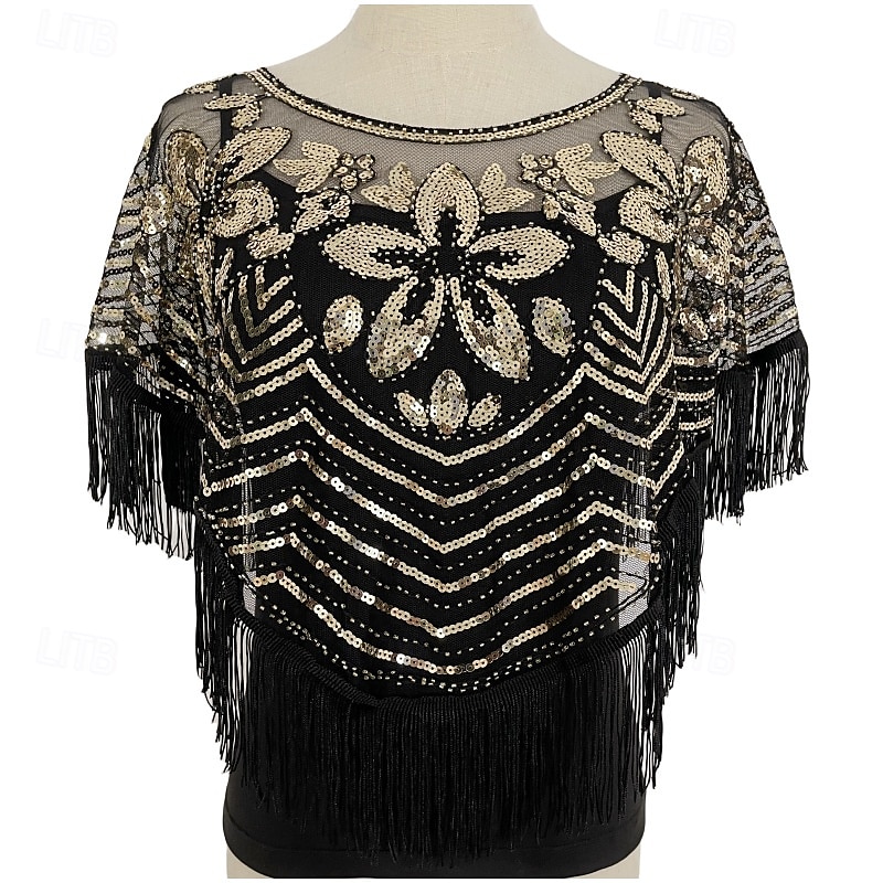 Vintage-Glamour-Schal – atmungsaktiv, mit Pailletten verziert, mit Quasten besetzt, eleganter Flapper-Stil mit passendem Mantel für Damen-Abendgarderobe – dünn, kurz, Kittel-Design, perfekt für 2025 - $28.99 –P1