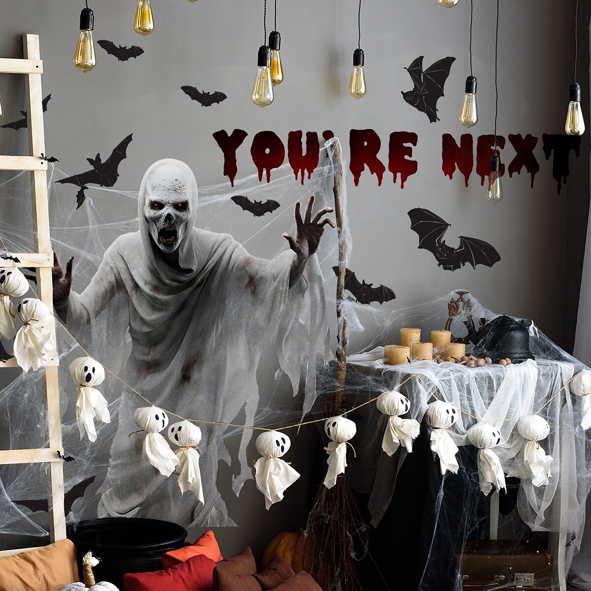 decalques de parede de morcego fantasma branco de esqueleto assustador com texto em inglês decorações de terror autoadesivas de 2025 por $16.99 –P2