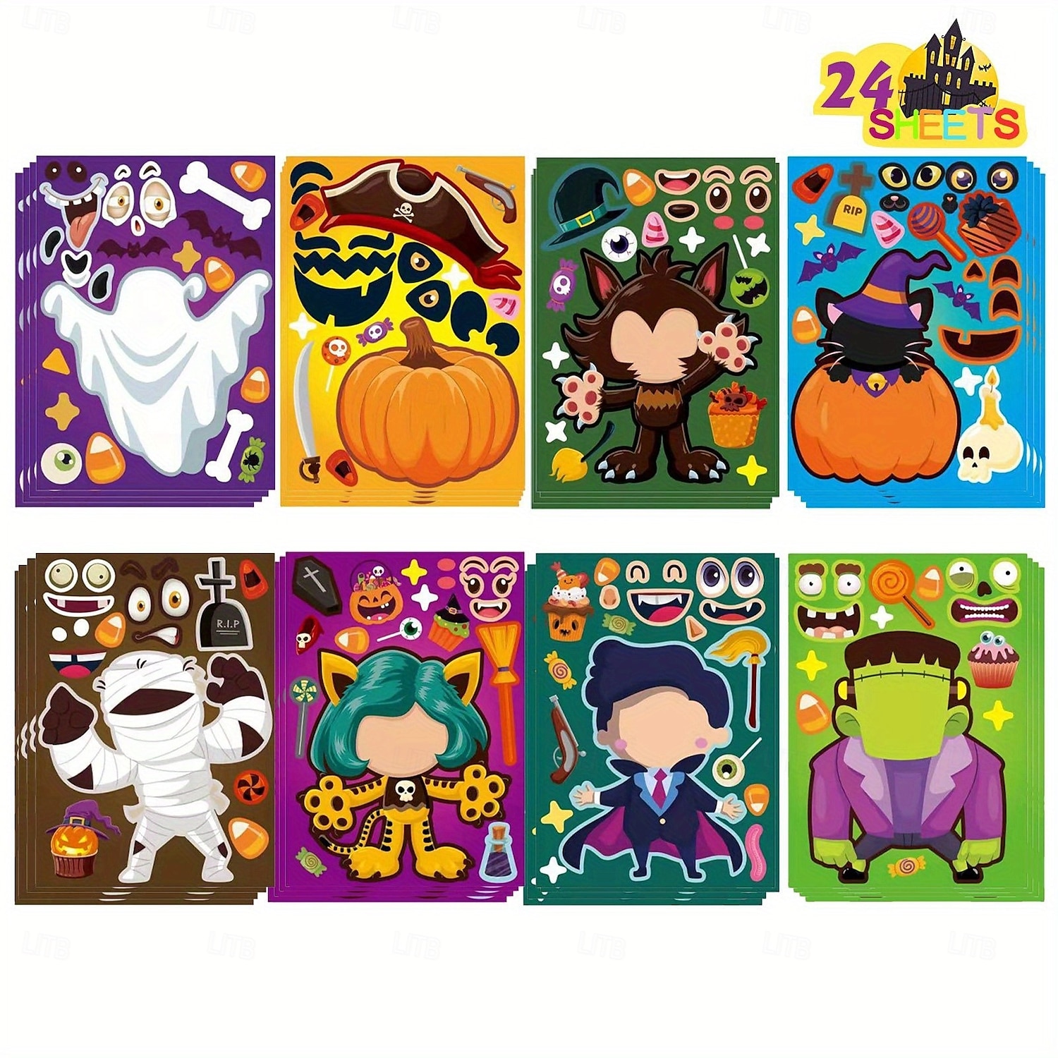 24 ks samolepek na halloweenskou tvář vytvořte si vlastní halloweenské postavy smíšené samolepky udělejte z tváře roztomilé samolepky na halloweenskou oslavu 2025 - $14.99 -P5