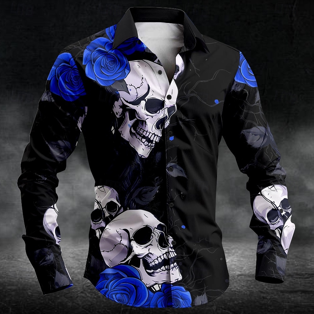 Men's Rose Skull Button Up Shirt Long Sleeve Casual Dark Party Evening Wear Daily Fall Winter Spring & Summer Shirt Collar Button Up 3D Print Black White Blue Purple Green 2025 - $26.99 –P6