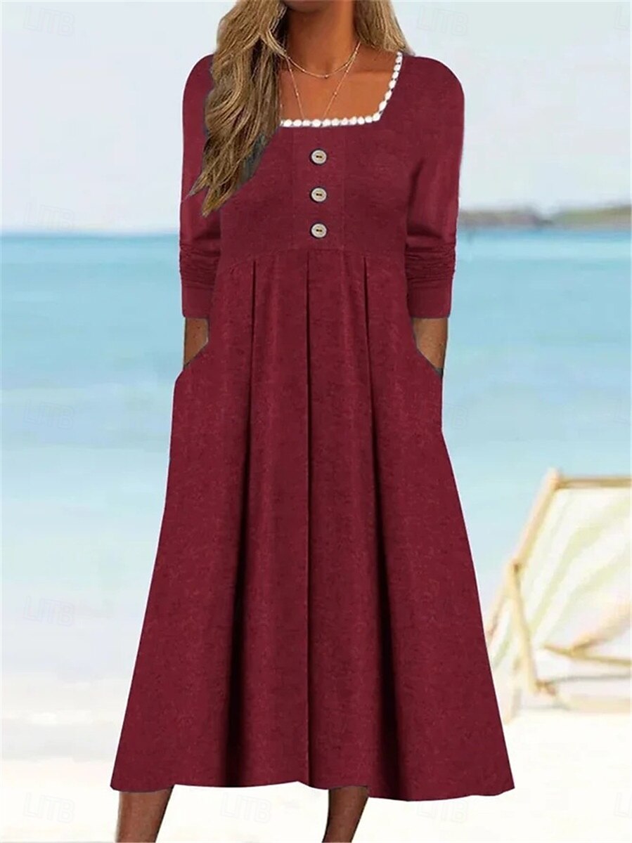 Damen Casual kleid Midikleid Patchwork Taste Urlaub Strassenmode Basic Quadratischer Ausschnitt 3/4 Ärmel Schwarz Weiß Wein Farbe 2025 - $41.99 –P5