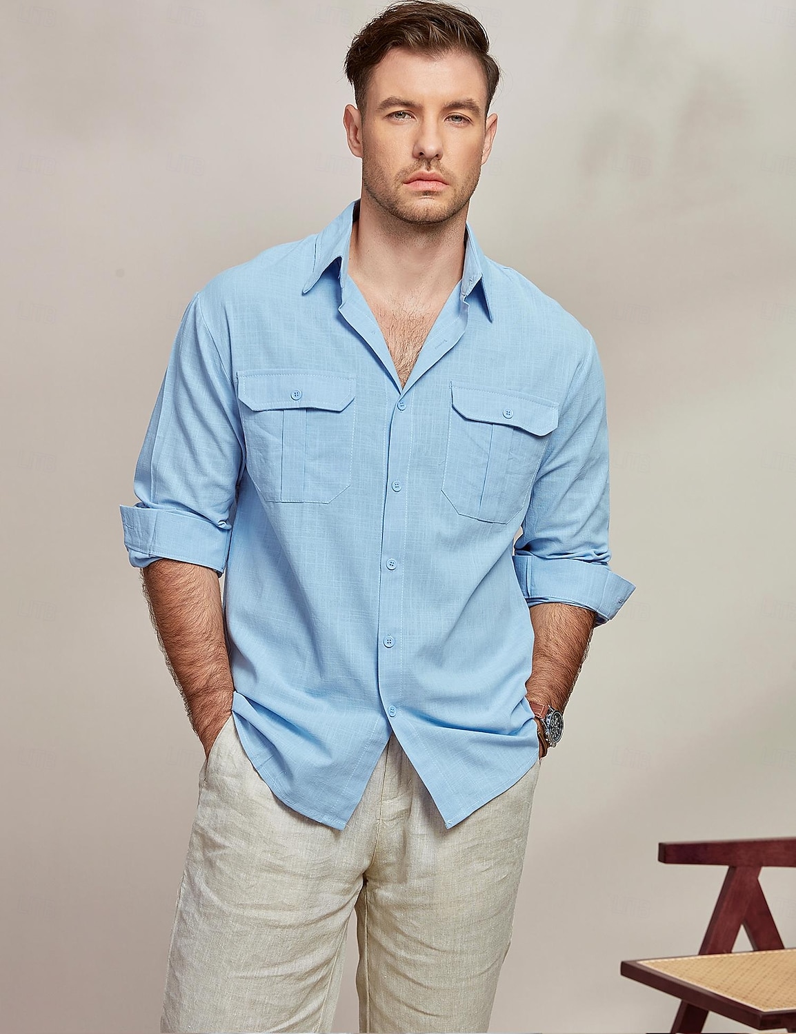 Voor heren Overhemd Katoenen linnen overhemd Zomer overhemd Strand Kleding Normaal shirt Overhemd met knopen Effen Vakantie Casual Zwart Wit blauw Lange mouw Revers Lente zomer Kleding Zak 2025 - $23.99 –P4