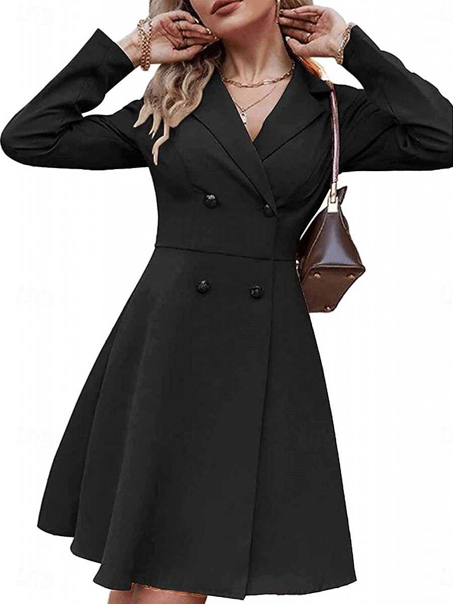 dámské malé černé šaty blejzr šaty elegantní pracovní minišaty knoflíková klopa dlouhý rukáv hladký regular fit černá modrá khaki jaro podzim s m l xl 2025 - $41.99 –P3