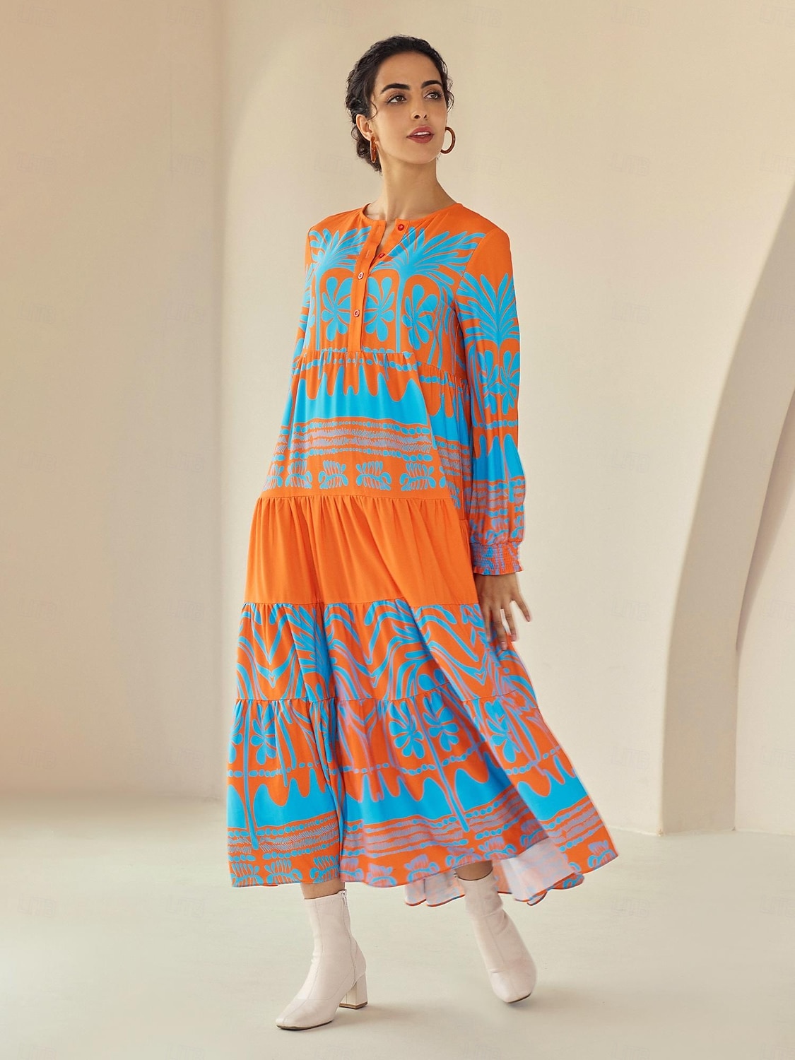 Maxis Crew Plants Linear Button Up Crew Neck Ethnic Casual Maxi Dress 2026 - $20.49