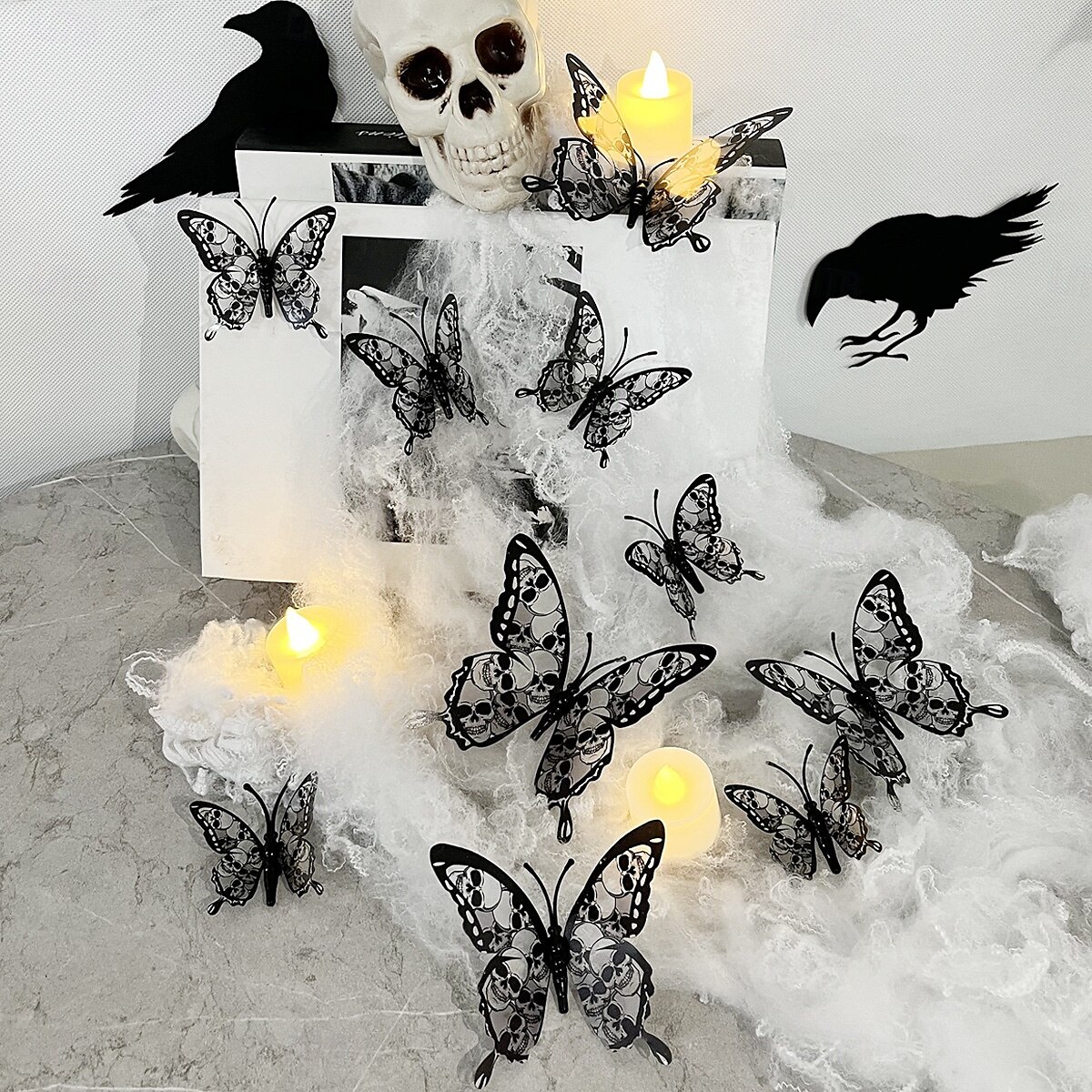 Dobbeltlags hodeskalle rose halloween 3d tredimensjonal sommerfugl hjemmedekorasjonsklistremerker 2025 - $6.49 –P8