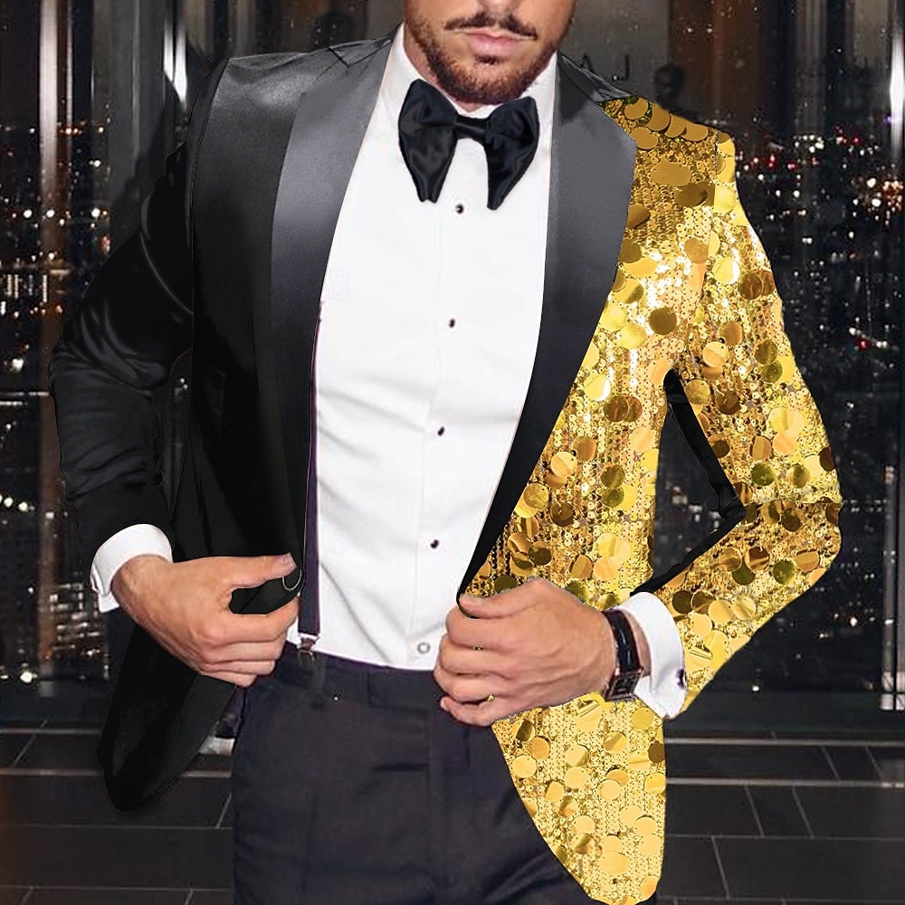 2025年 男性用 ブレザージャケット タキシード パーティー 光沢タイプ ディスコ 波点 Blazer ブラック Sliver イエロー テイラーフィット シングルブレスト 一つボタン コレクション – $80.99 –P5