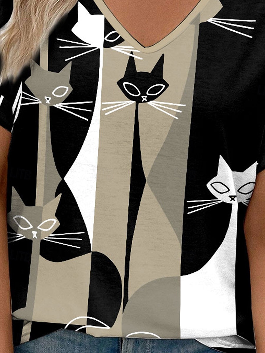 dámské tričko ležérní color block cat print krátký rukáv běžné topy do výstřihu denní khaki léto 2025 - $19.99 –P3