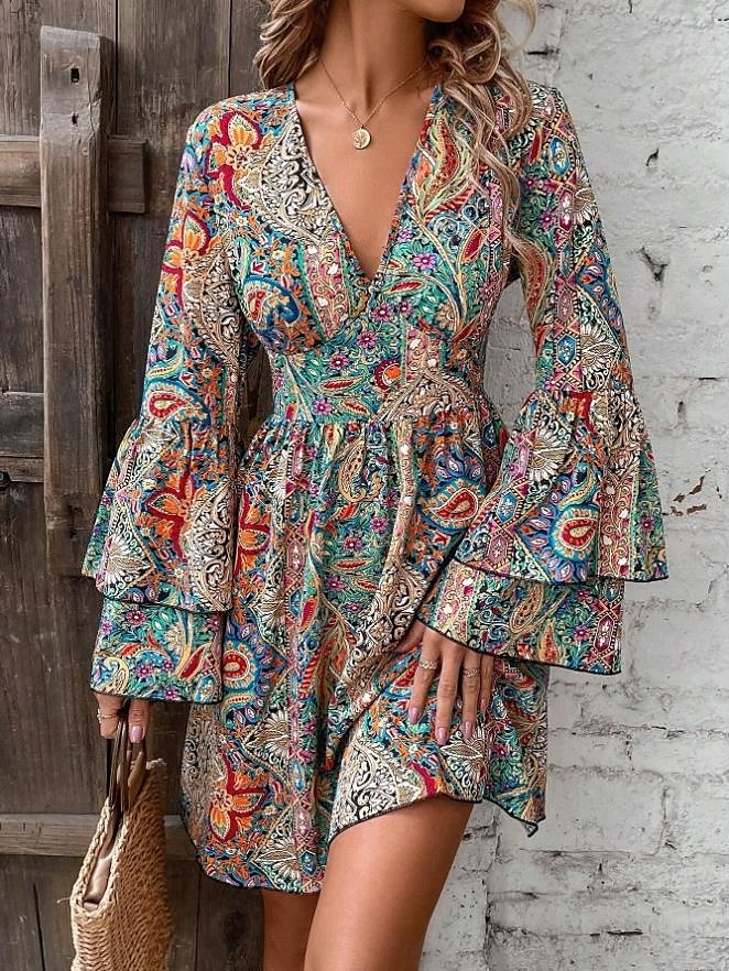 Damen Minikleid Casual kleid Boho-Kleid Elegant Ausgestellter Ärmel Urlaub Täglich Verabredung Lockere Passform Graphic Langarm V Ausschnitt Colourful Frühling Herbst 2025 - $35.99 –P3
