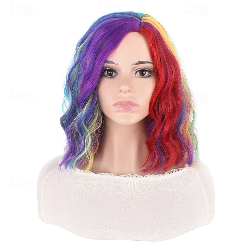 parrucche sintetiche corte da donna resistenti al calore capelli ricci parte centrale parrucca multicolore arcobaleno blu arancione sfumata del 2026 a $15.49 –P9
