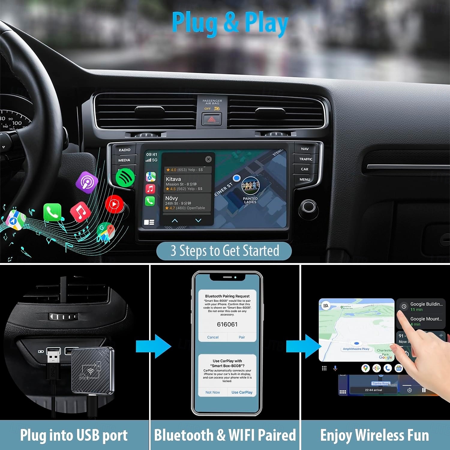 Adaptateur CarPlay Android Auto sans fil pour convertir le CarPlay Android Auto filaire intégré à la voiture en prise sans fil & jouer de 2025 ? $52.99 –P3