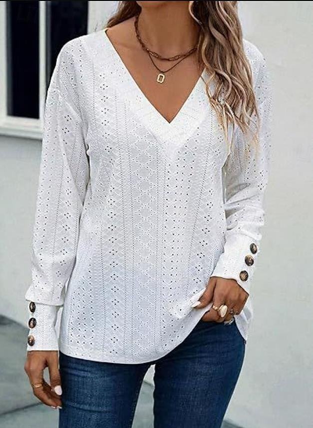 damblus elegant snygg modern ihålig långärmad vanliga toppar v-ringad arbete dagligen svart vit rosa brun vår höst vinter 2025 - $26.99 –P5