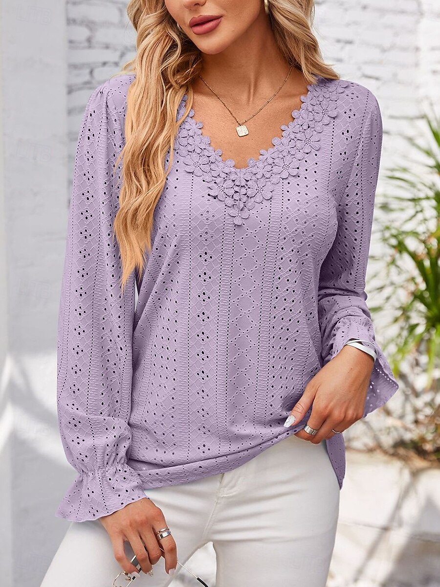 Women's Elegant Lace Tops Eyelet Blouse Solid Color Lace Eyelet Flutter Sleeve Long Sleeve Regular Tops V Neck Daily Romantic Petite Tops Summer Holiday Wear Pink Blue Purple Green Spring Fall 2025 - $27.99 –P6