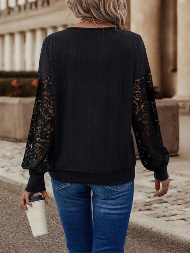 Women's Blouse Stylish Modern Solid Color Lace Eyelet Long Sleeve V Neck Daily Black White Spring Fall 2025 - $29.99 –P4
