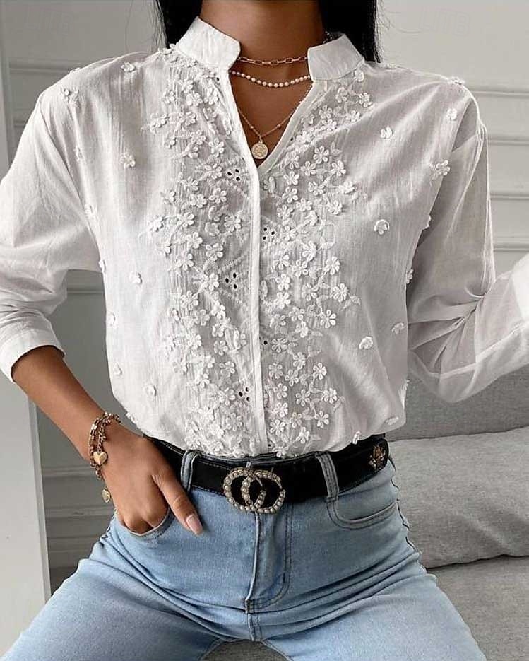 Blouses Éléguantes en Dentelle Blanche pour Femmes Top en Dentelle à Oeillets Stylé Moderne Couleur Unie Manches Longues Col Montant Brodé Découpé Ajustement Normal Travail Quotidien Romantique de 2025 ? $28.99 –P2