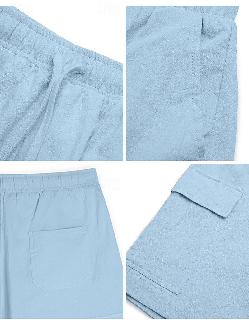 Men's Cargo Shorts Shorts Linen Shorts Summer Shorts Beach Shorts Drawstring Elastic Waist Multi Pocket Plain Knee Length Outdoor Casual Daily Vacation Casual Black White Inelastic 2025 - $22.99 –P5