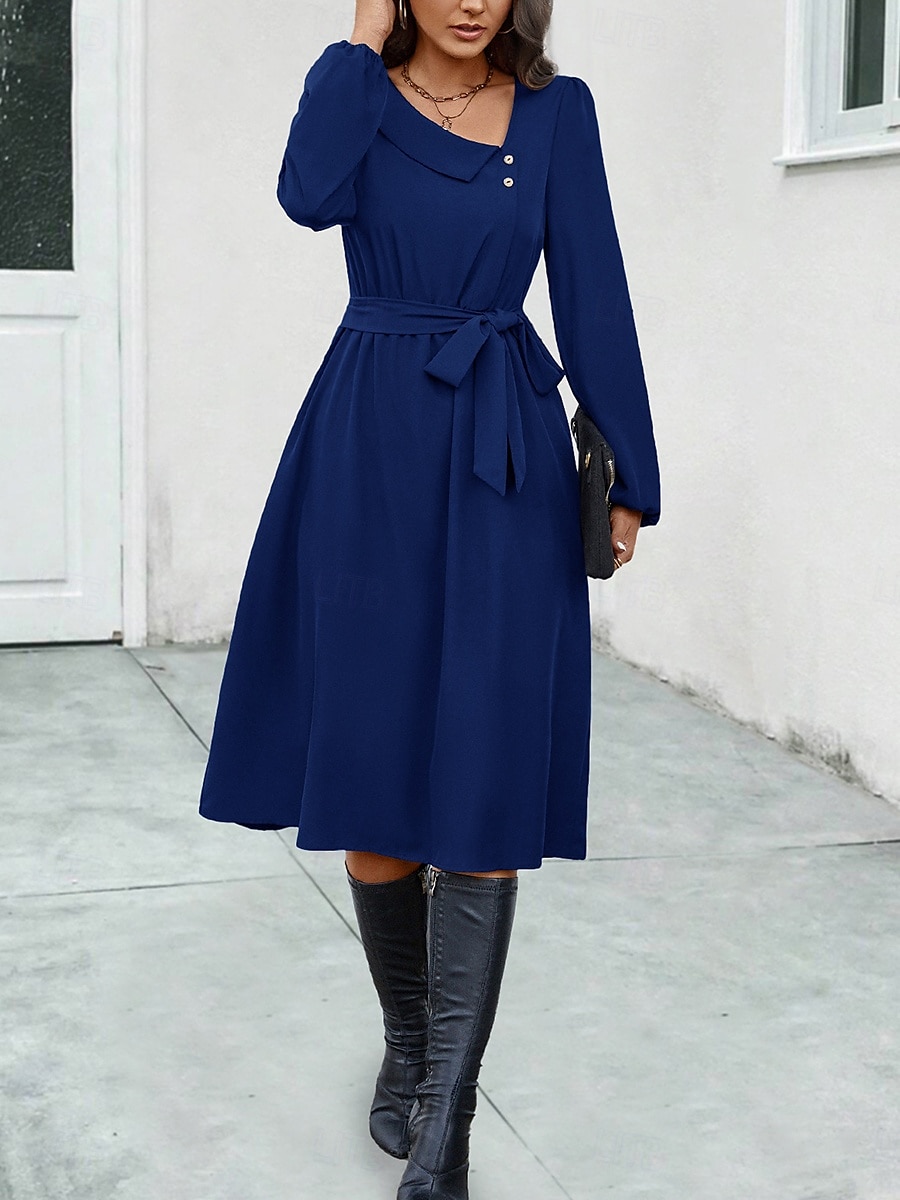 Elegantes Midikleid für Damen in Dunkelgrün, lange Ärmel, mit Gürtel, V-Ausschnitt, Knopfdetail, lässige A-Linie, fließend, vielseitig einsetzbar, Herbst/Frühlings-Kleidung 2025 - $39.99 –P3