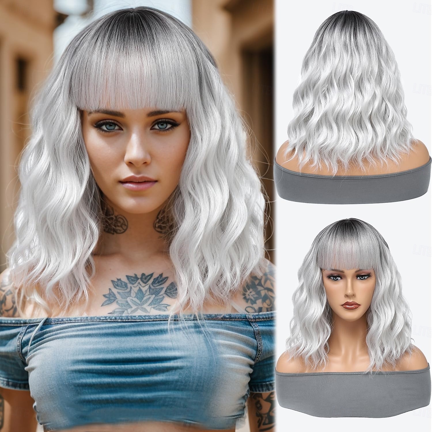 peruca curta bob com franja para mulheres peruca bob solta cacheada perucas sintéticas bob onduladas, peruca bob com ondas de água de aparência natural perucas na altura dos ombros de 2025 por $18.99 –P1