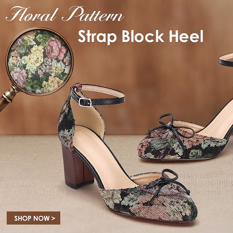 scarpe col tacco a blocco con cinturino alla caviglia e motivo floreale da donna con dettaglio fiocco, perfette per le occasioni di ispirazione vintage del 2025 a $54.99 –P1