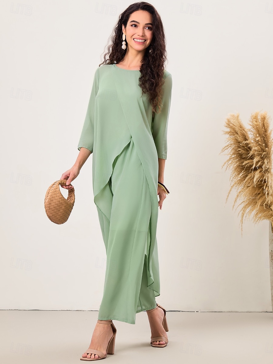 Women's Elegant Stylish Work Slim Solid Color Plain 3/4 Length Sleeve Crew Neck Sage Green Summer Spring Fall 2025 - $56.99 –P1