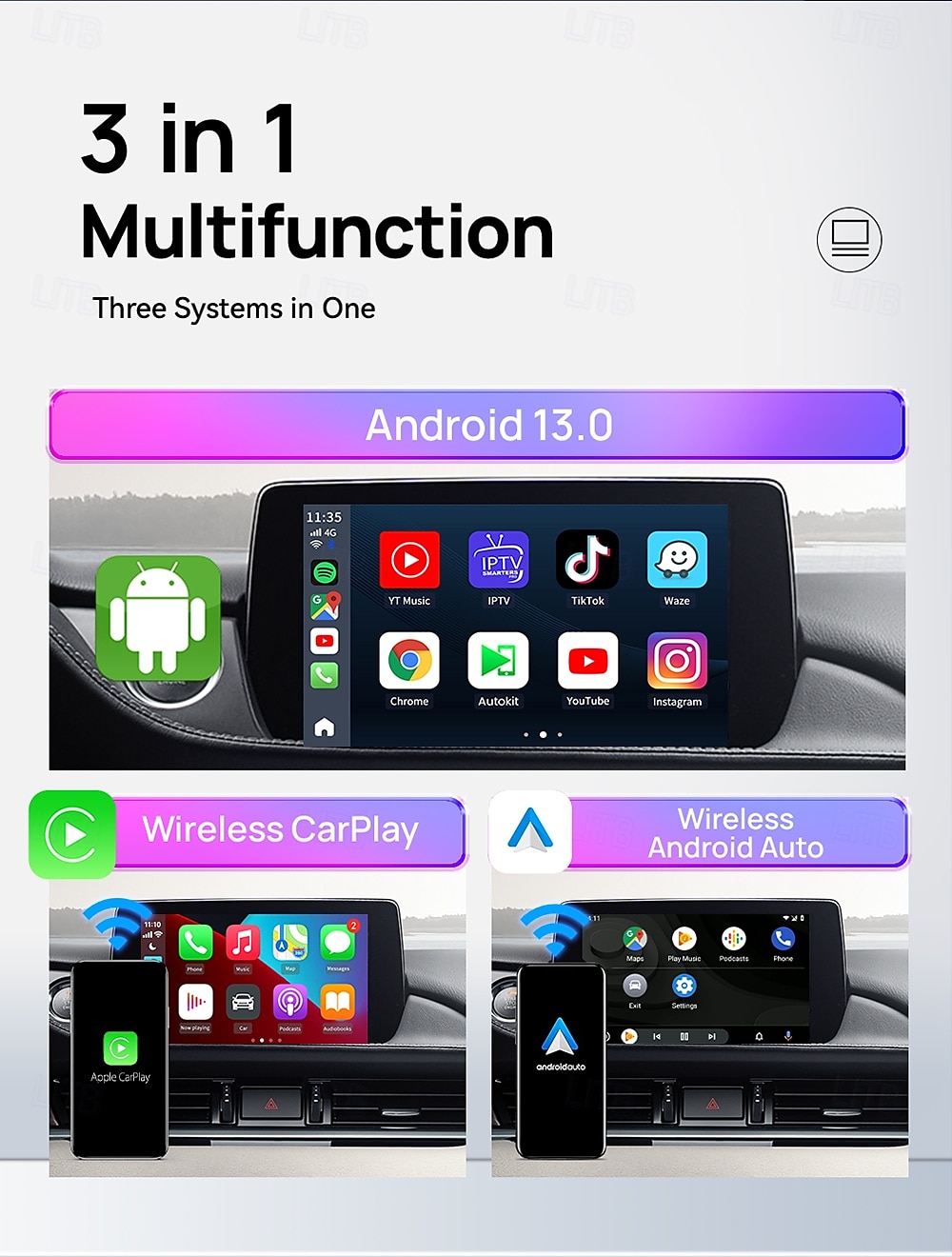 2025年 Carlinkit SP-TBOX-218HDEAU-OVA-BW いいえ画面ません（APPで出力） 1 Din アンドロイド ワイヤレスCarplay Bluetooth内蔵 プラグアンドプレイ 画面を分割 のために ユニバーサル  コレクション – $439.99 –P4