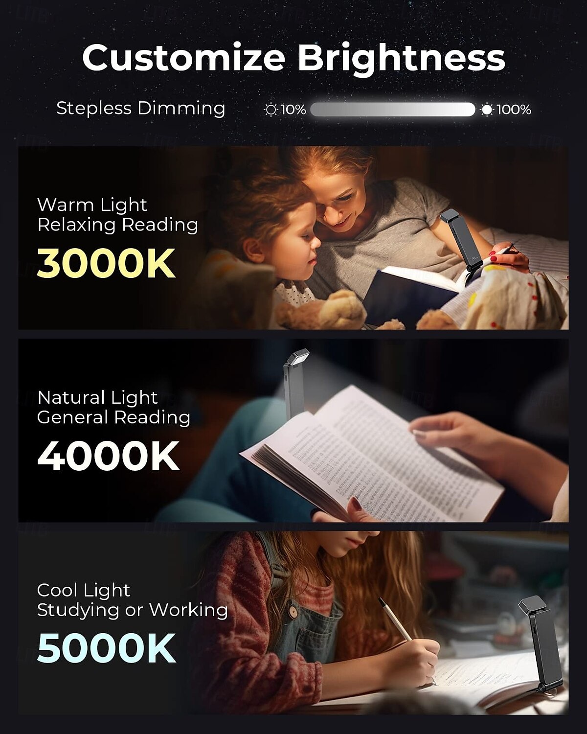 lampe de lecture rechargeable lampe de lecture pour lecture lampe de marque-page à LED à pince avec 3 couleurs de lumière de 2025 ? $23.99 –P7