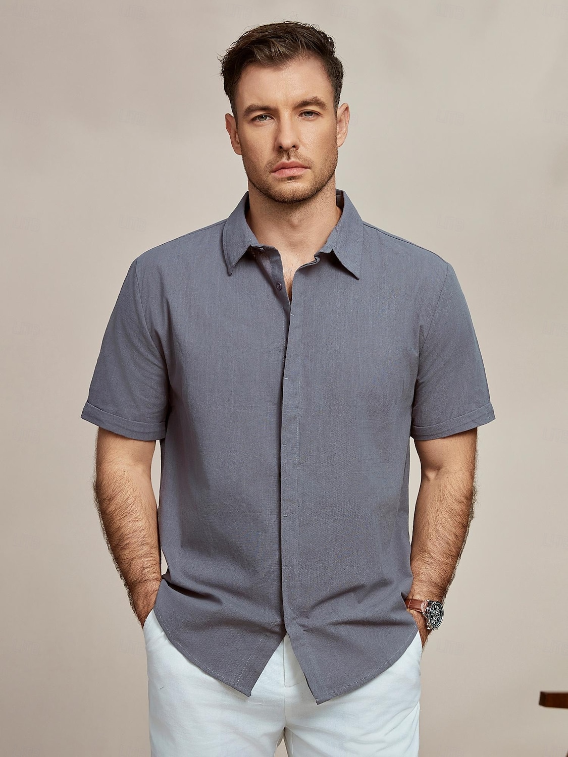 Herren Hemd leinenhemd Sommerhemd Lässiges Hemd Strandhemd Glatt Casual Täglich Dunkelgray Kurzarm Kargen Sommer Bekleidung 2025 - $23.99 –P1