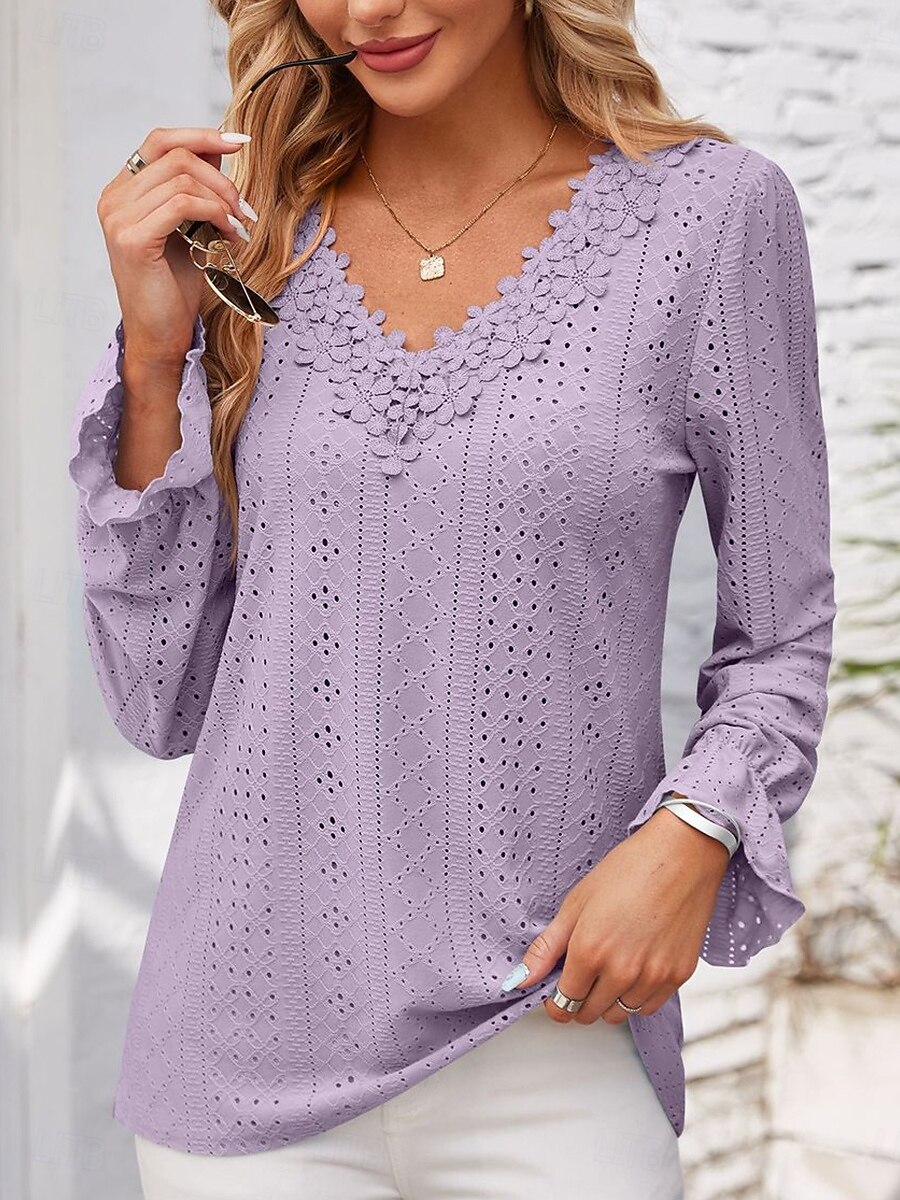 Women's Elegant Lace Tops Eyelet Blouse Solid Color Lace Eyelet Flutter Sleeve Long Sleeve Regular Tops V Neck Daily Romantic Petite Tops Summer Holiday Wear Pink Blue Purple Green Spring Fall 2025 - $27.99 –P5