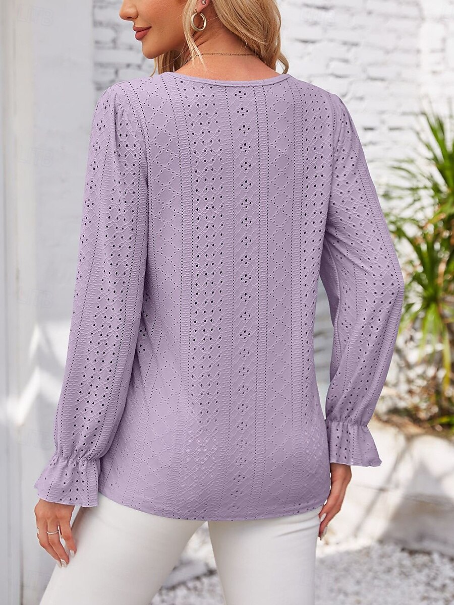 Women's Elegant Lace Tops Eyelet Blouse Solid Color Lace Eyelet Flutter Sleeve Long Sleeve Regular Tops V Neck Daily Romantic Petite Tops Summer Holiday Wear Pink Blue Purple Green Spring Fall 2025 - $27.99 –P7