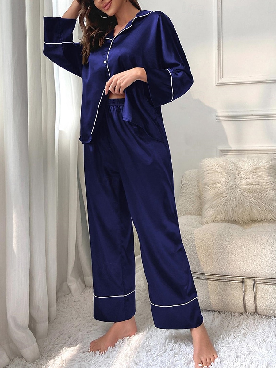 dames pyjama sets pure kleur mode comfort thuis dagelijks bed imitatie zijde zijde ademend revers lange mouw shirt broek knoop zak herfst thuis outfits 2025 - $27.99 –P5
