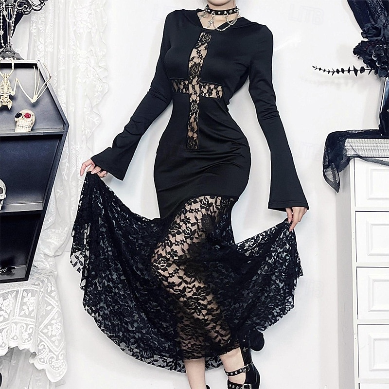 Punk & Gothic Cocktailkleid Vintage-Kleid Kleid Maskerade Gothic Mädchen Morticia Addams Kostüm Damen Maskerade Halloween Abschlussball Festival Erwachsene Kleid 2026 - $33.99 –P5
