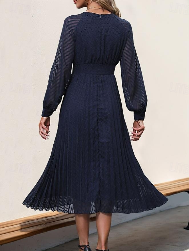 Dame Vanlig kjole Midikjole Netting Lapper Elegant Årgang V-hals Langermet Svart Blå Farge 2025 - $57.99 –P4
