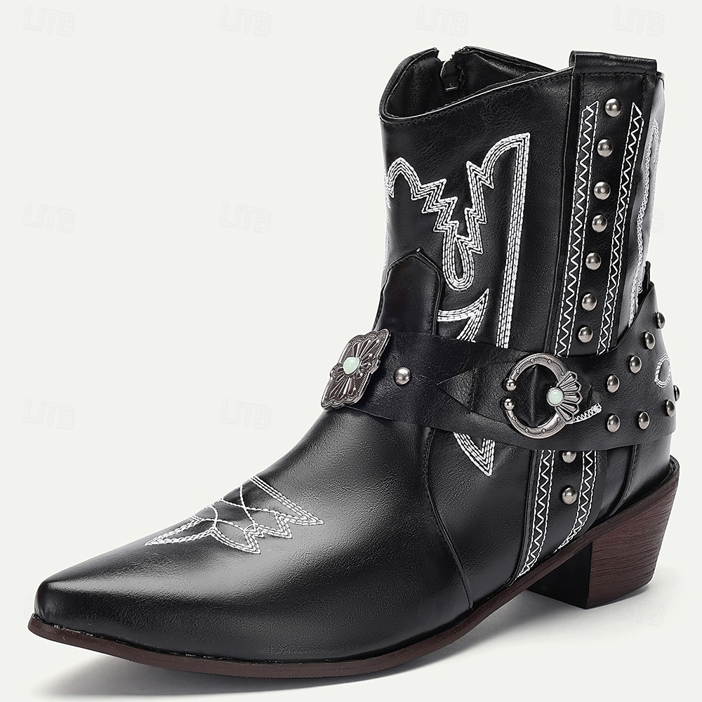 férfi western cowboy csizma díszített csatos pántokkal és szegecses dizájnnal - vintage stílusú műbőr bokacsizma rodeó és hétköznapi viselethez 2025 - $84.99 –P7