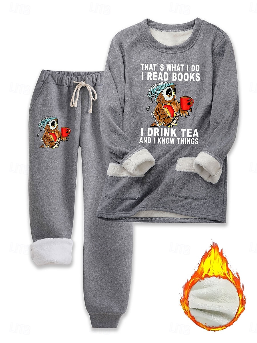 Kvinnors 2 delar Sweatshirt Tracksuits Byxor Fluffy Pyjama Set Långärmad Top och Byxa Text Tryck Komfort Avslappnad Hemma Kläder Dragsko Solid Mysig Vinter 2025 - $43.99 –P1