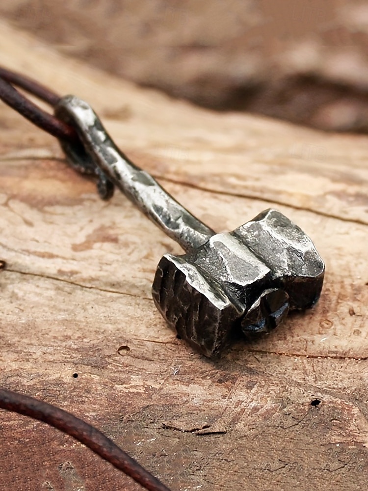męski wiking naszyjnik z młotem thora – rustykalny żelazny amulet ze sznurkiem 2025 - $8.99 –P1