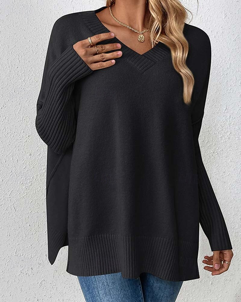 Femme Pull Chandail Elégant Mode du quotidien Couleur unie Col V Tricoté manche longue Hauts longs Tricoter Travail Noir Jaune Automne Hiver de 2025 ? $37.99 –P10