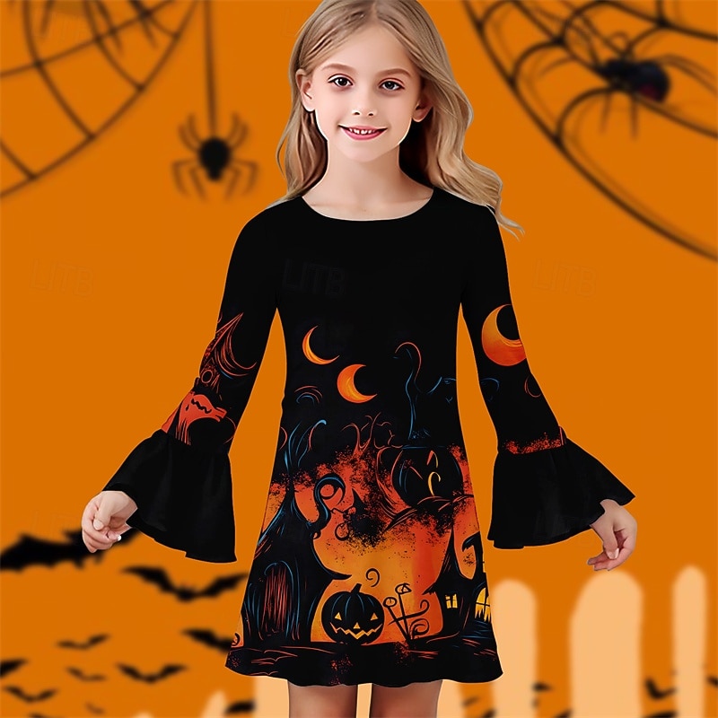 Halloween Tyttöjen 3D Kuvitettu Kurpitsa Mekko Ruffle mekko Pitkähihainen Kesä Kevät Päivittäin Pyhäpäivä Loma Kaunis Halloween Custom Lapset 4-12 vuotta Rento mekko Polvipituinen Polyesteri Normaali 2025 - $16.49 –P2